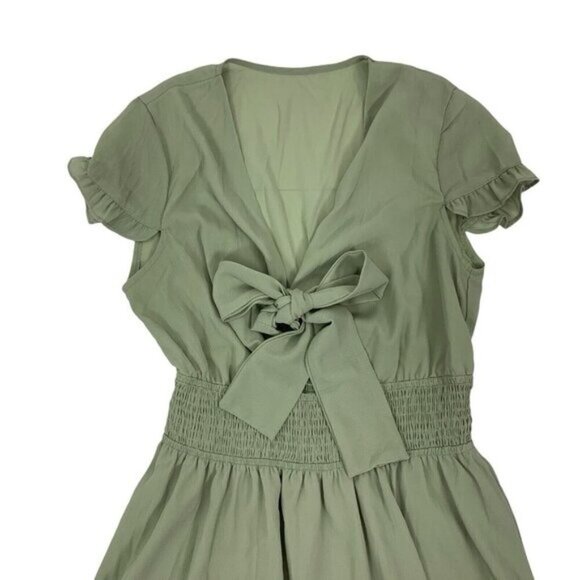 Women’s Ruffle Dress Large Green Short Sleeve Front Tie - Picture 2 of 5